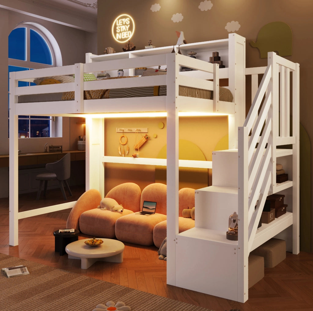 Letto a soppalco 90x200 cm con LED, scala contenitore e ampio spazio inferiore