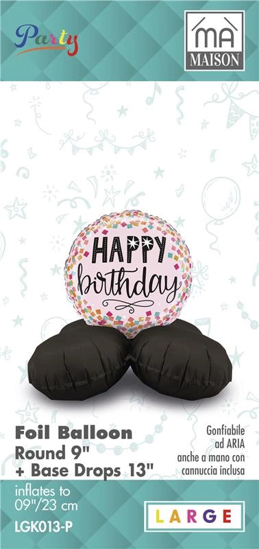 MA MAISON MYLAR PALLONCINO "ROSE BLACK" SCRITTA "HAPPY BIRTHDAY" + BASE 23X9 CM CANNUCCIA INCLUSA