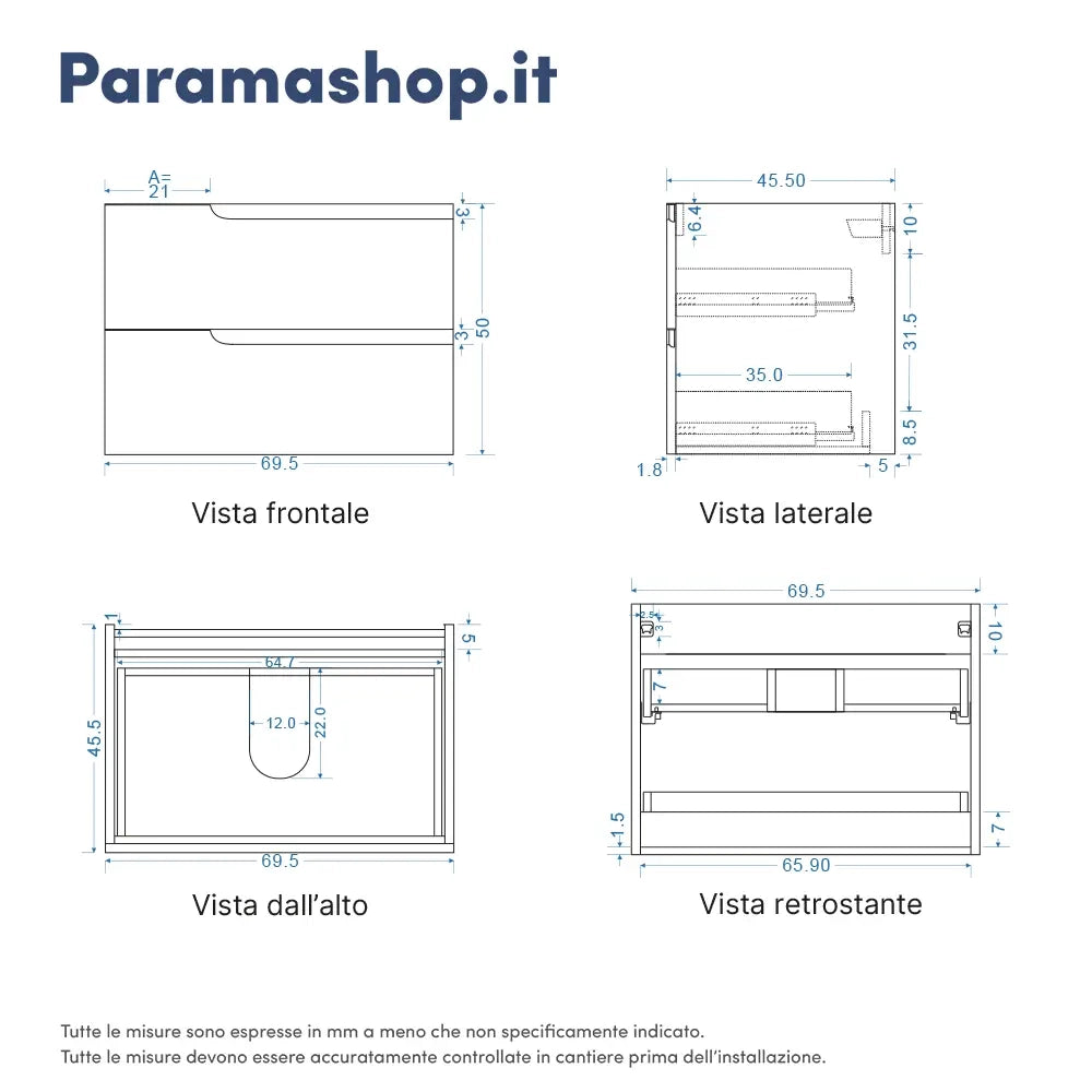 Mobile bagno sospeso 70 cm due cassetti blu zaffiro opaco con lavabo | Ardenne