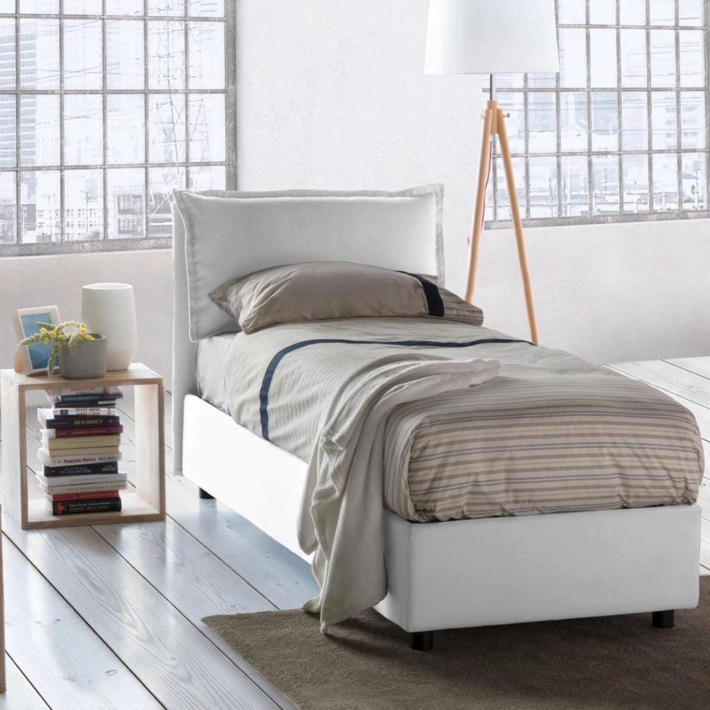 Letto singolo Animal, Letto contenitore con rivestimento in tessuto, Made in Italy, Apertura frontale, con materasso cm 90x190 incluso, Bianco