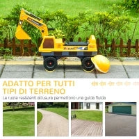 Ruspa Giocattolo 2 in 1 con Escavatore e Mordente, Vano Nascosto, Gioco Cavalcabile Bambini 2-3 Anni, 90x28x58cm, Giallo