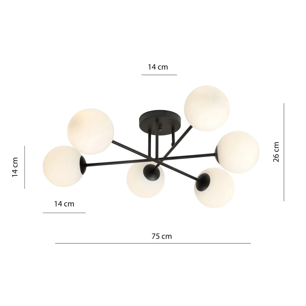 Plafoniera Moderna Morrigan 6 Luci In Acciao Nero E Sfere In Vetro Bianco