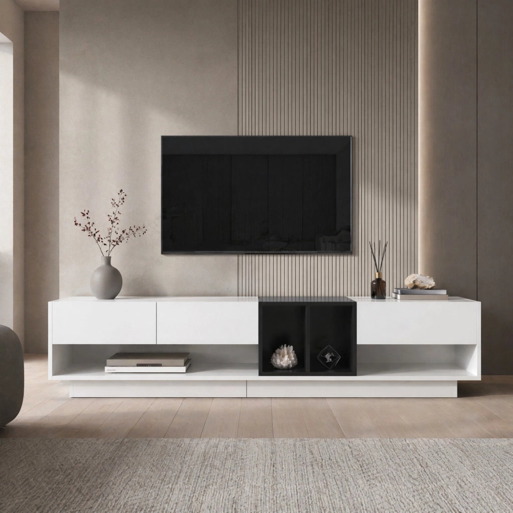 Mobile porta TV moderno lucido bianco e nero con 3 cassetti, 190 cm