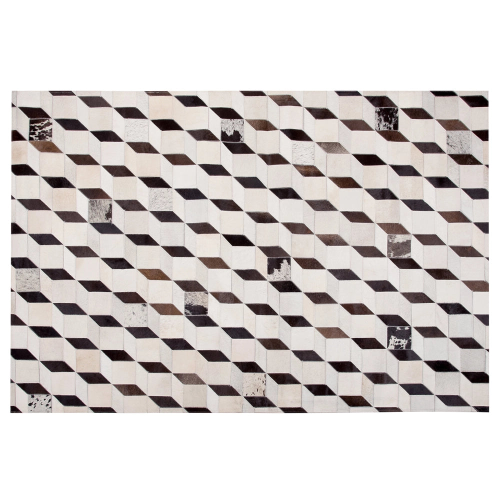 Tappeto Crema Pelle 140 x 200 cm Moderno Patchwork Pelle Bovina Motivo 3D Tappeto Rettangolare Fatto a Mano
