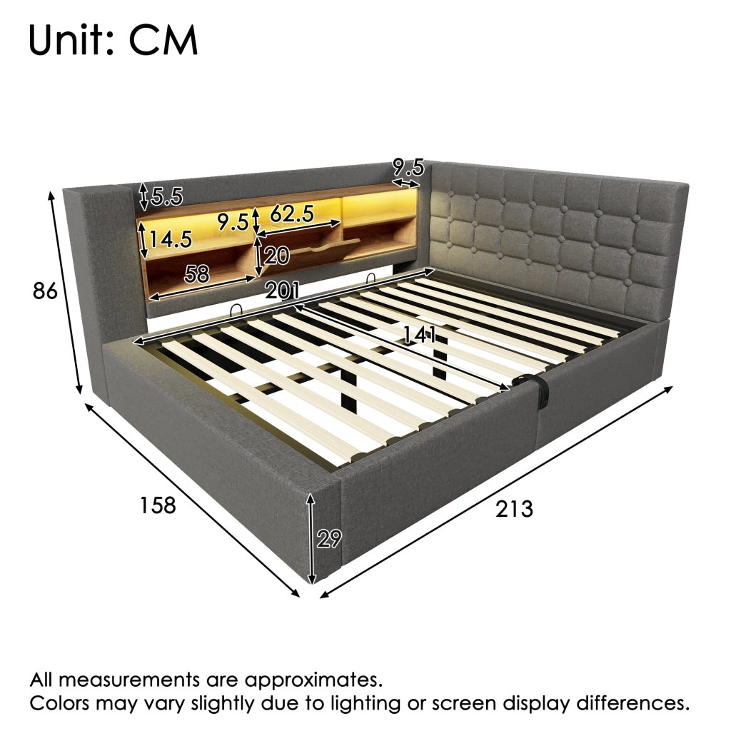 Letto matrimoniale con LED, ricarica USB, contenitore idraulico e testiera L reversibile in lino grigio 140 × 200 cm