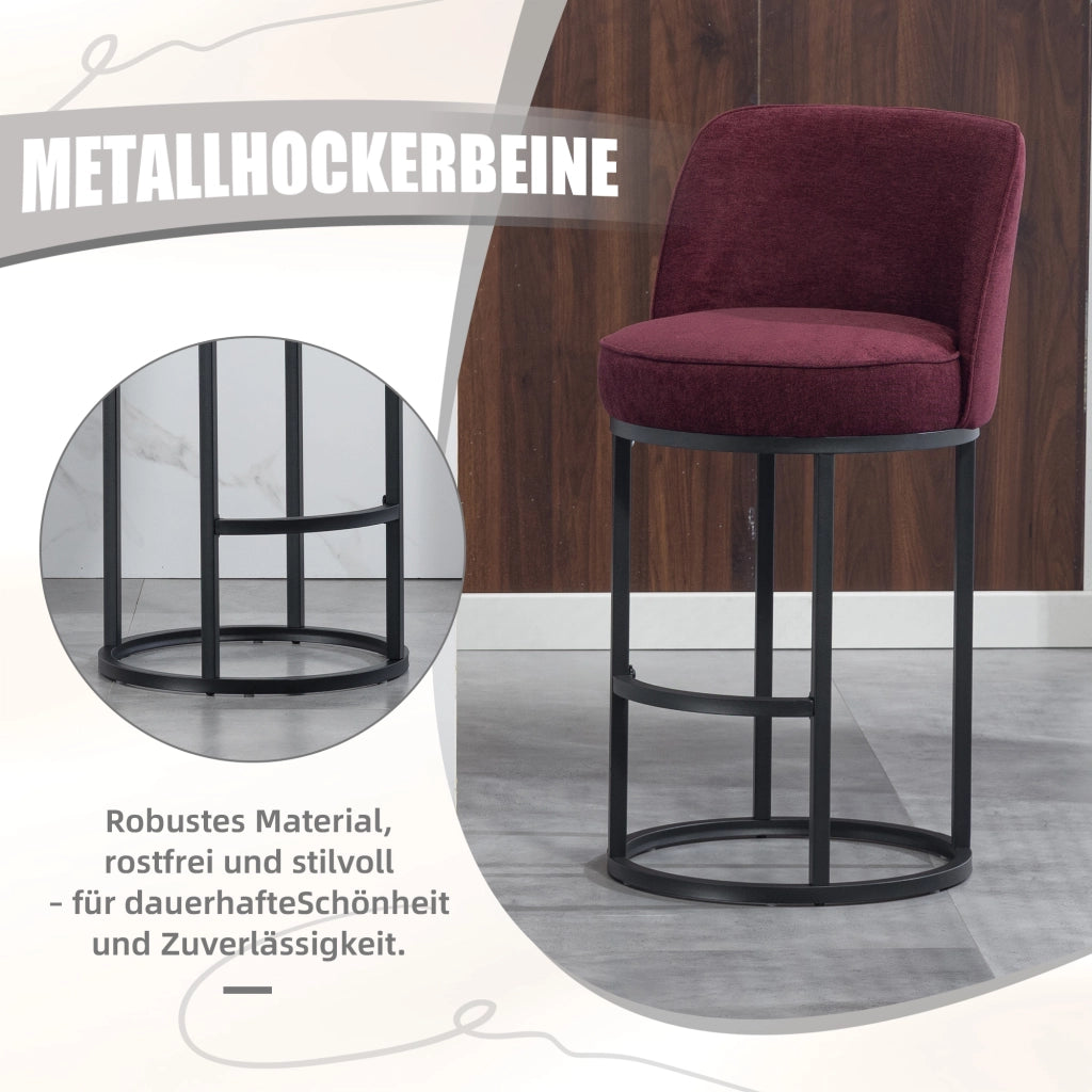Sgabello da bar in lino con schienale ergonomico e poggiapiedi, struttura in metallo, rosso vino 46,5 × 49,5 × 88,5 cm