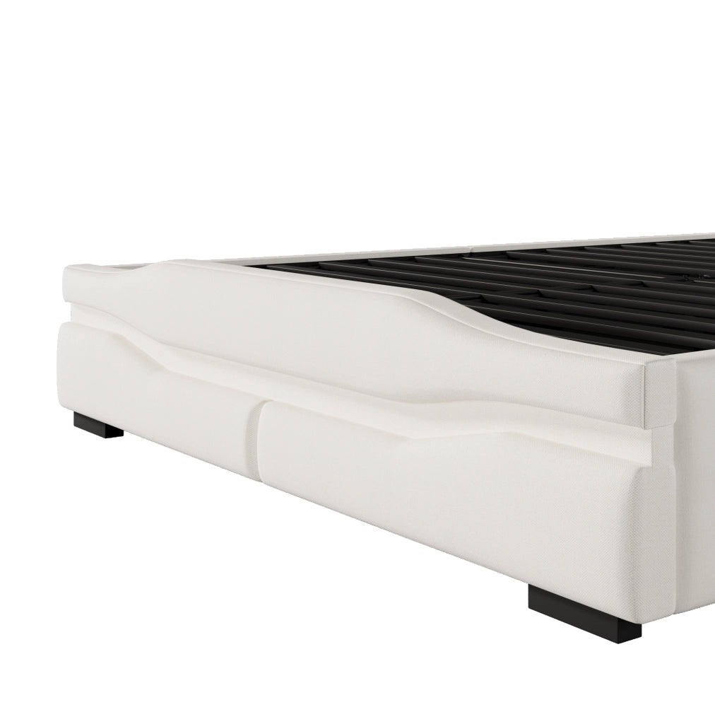 Letto matrimoniale imbottito 140x200 cm in lino beige con LED; presa USB e contenitore idraulico
