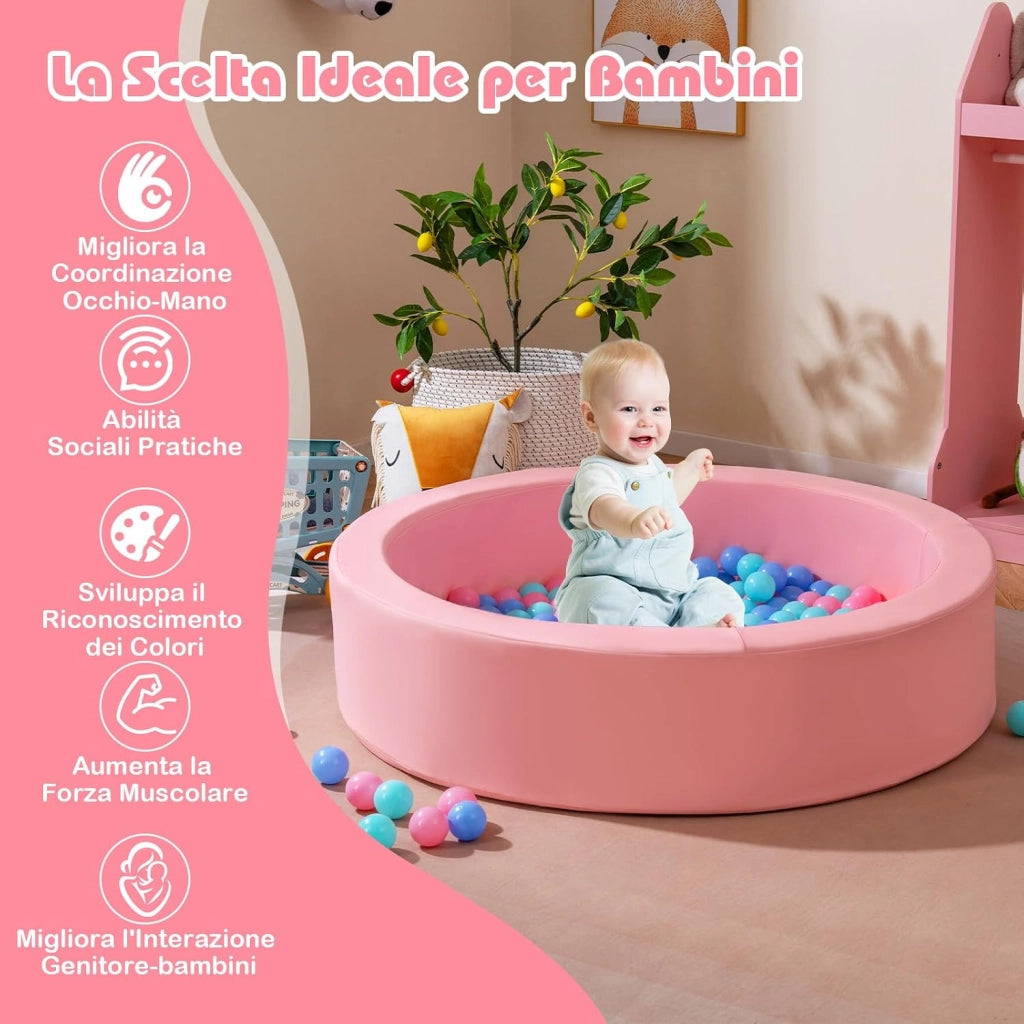Piscina di Palline per Bambini, Vasca Rotonda con 200 Palline Colorate, Sacchetto in Rete e Copertura Rimovibile, Piscinetta in Morbida Schiuma per Soggiorno e Camera di Bambino (Rosa)