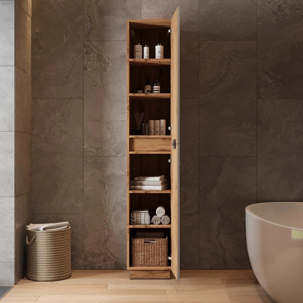 Armadio per il bagno Lotta, Rovere/grigio a righe, 33 x 186 cm con 2 porte