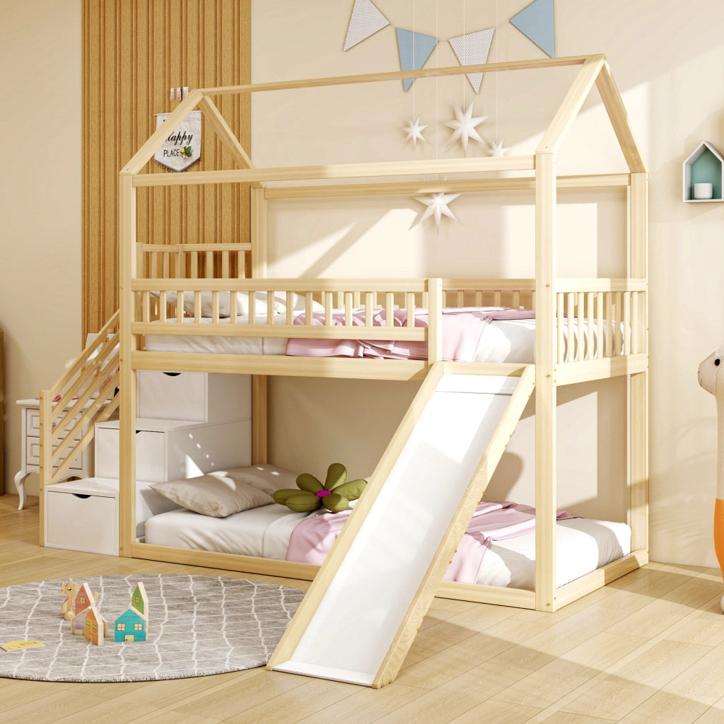 LETTO a soppalco per bambini con scivolo e scala contenitore 90x200 cm legno