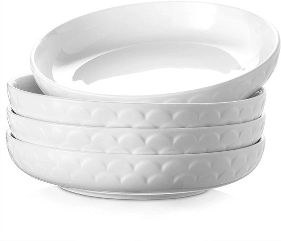 Piatto da servizio 10", capacità 1500 ml, piatti bianchi per festa/pasta/salate/zuppa, piatto ceramico, piatto basso, resistente a microonde e lavastoviglie, insieme da 4 pezzi, bianco