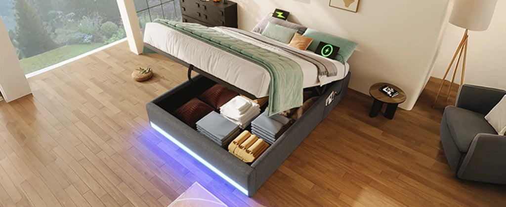 DESMIU Letto contenitore Letto singolo 90 × 200 cm con USB, Type-C, LED e tasche portaoggetti, senza materasso, grigio