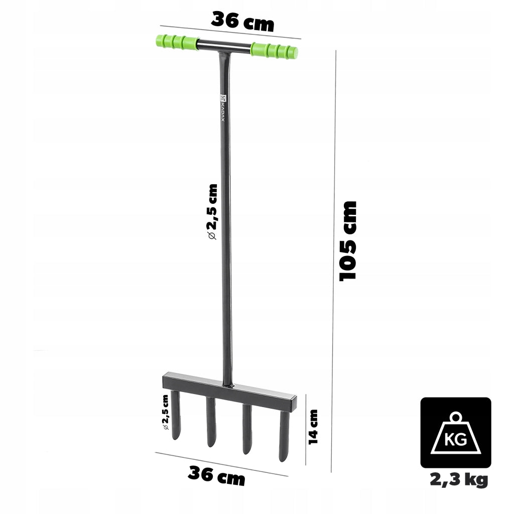 Aeratore tubolare manuale KADAX da 36 cm con forche e punte per aerazione del prato.