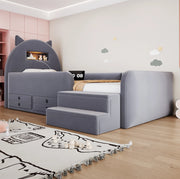 Letto imbottito 90x200 cm con contenitore; luce notturna e USB in velluto grigio scuro