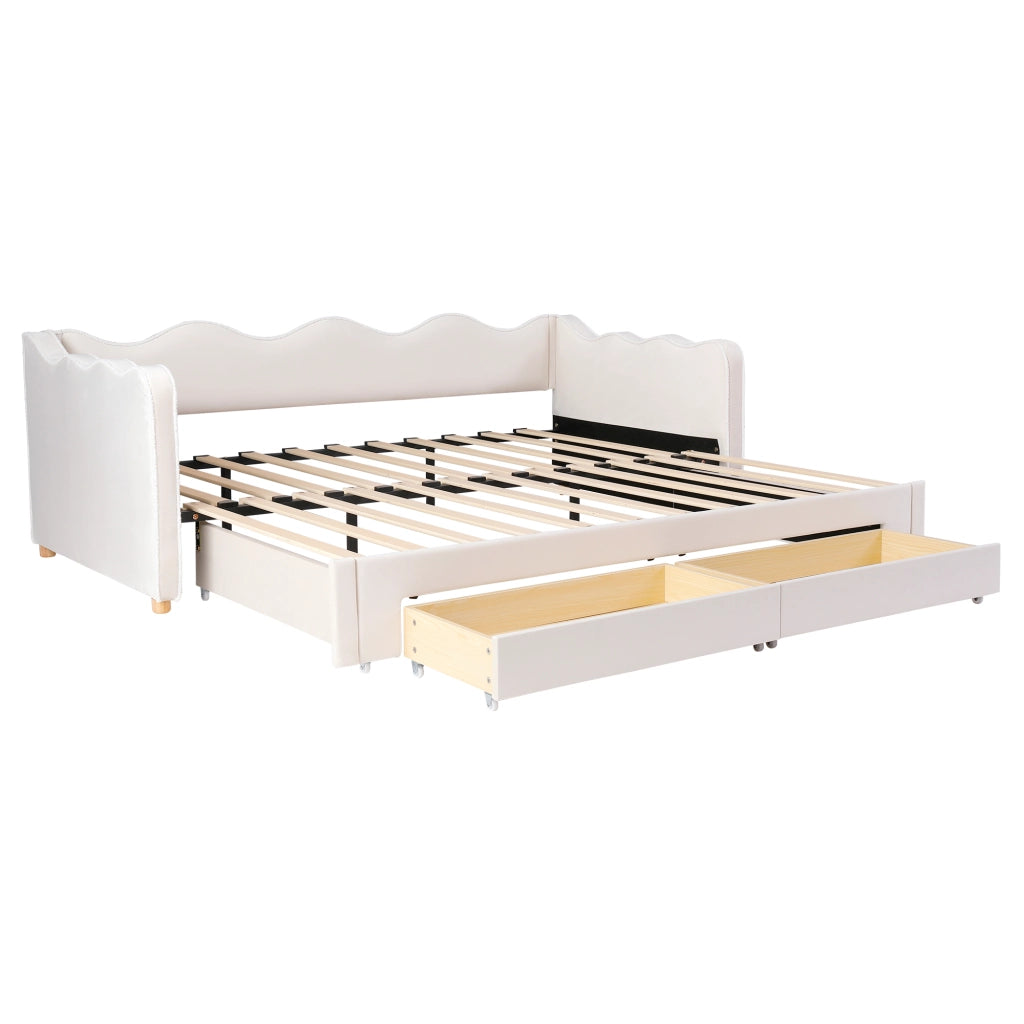 Letto daybed estraibile 90x200 cm con cassetti, USB e tessuto effetto velluto, beige