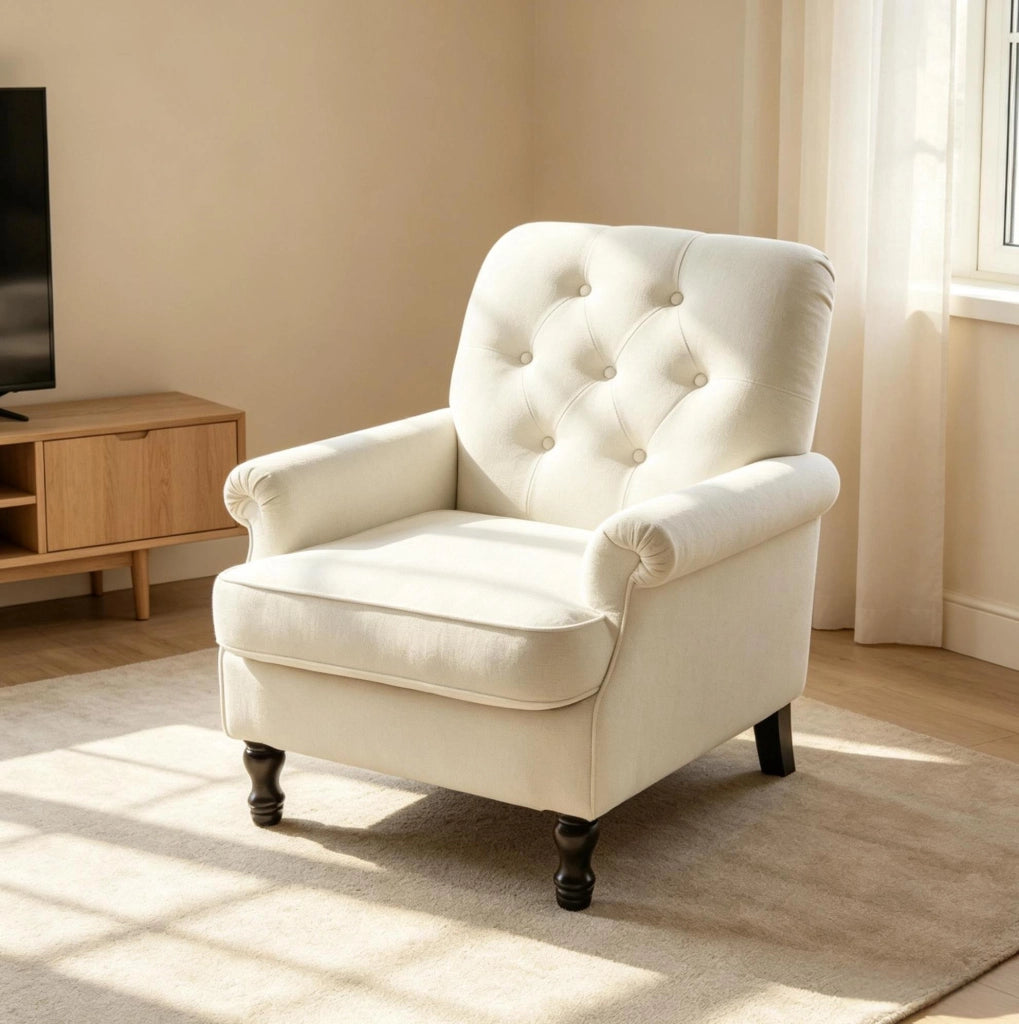 Poltrona lounge in tessuto effetto lino crema con molle