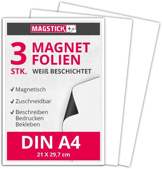 Set di 3 adesivi magnetici in DIN A4 | magnetici, verniciati di bianco | permanentemente adesivi | per veicoli, auto, camion | segnalibro magazzino | segnalibro porta | mag112