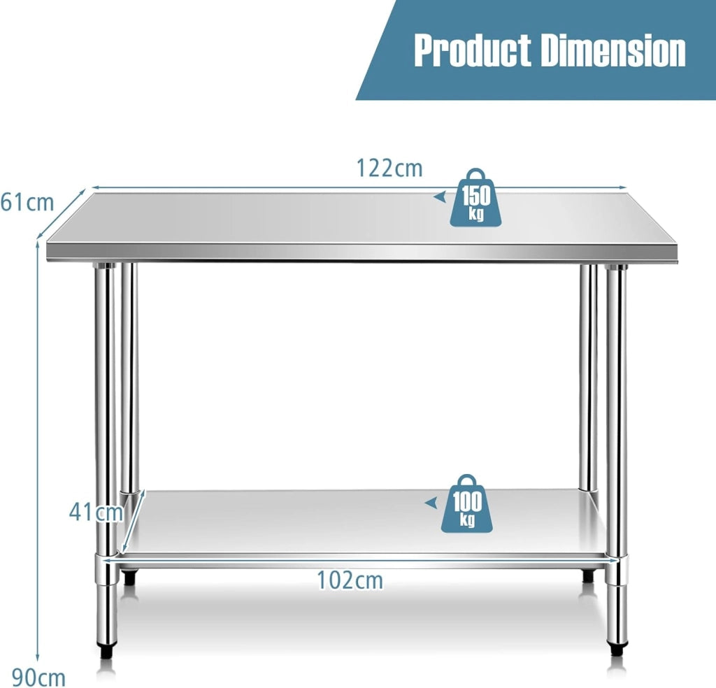 Tavolo da lavoro in acciaio inox, tavolo per la preparazione dei pasti a 2 livelli, tavolo da cucina con carico di 250 kg, mobile di servizio per ristorante, sala da pranzo (122 x 61 x 90 cm