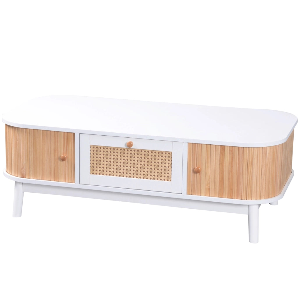 Tavolino da caffè con vano contenitore 110x55x38;5 cm; bianco e legno; in MDF