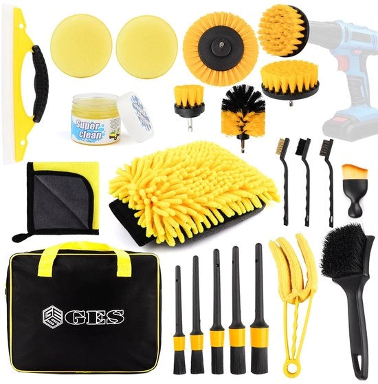 Set di pulizia autonoma per rivestimenti, tappeti e interni di veicoli, setole e prodotti di pulizia (giallo)