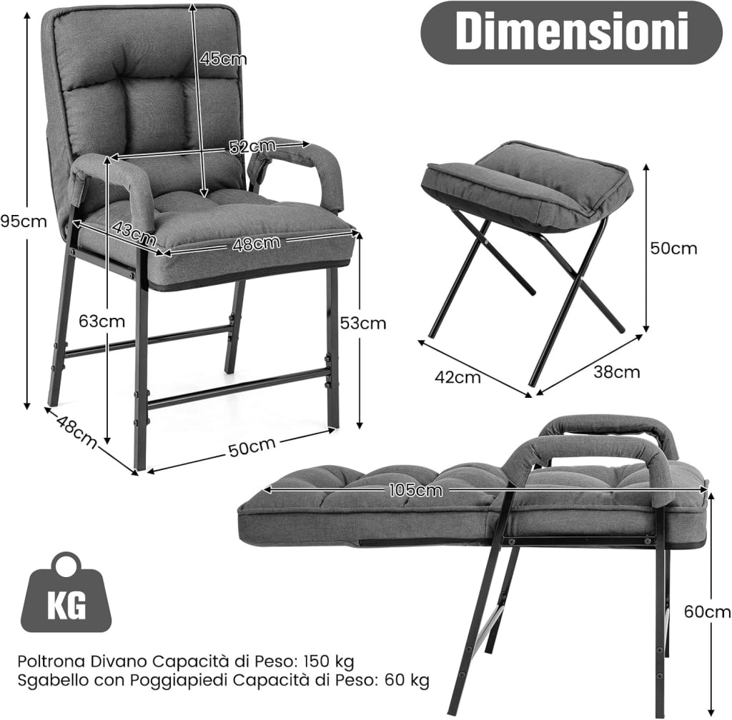 Poltrona Imbottita con Pouf Poggiapiedi Pieghevole, Schienale Alto Reclinabile a 5 Posizioni, Poltroncina Sedia Sdraio in Lino, Poltrona Moderna con Braccioli da Soggiorno Ufficio (grigio)