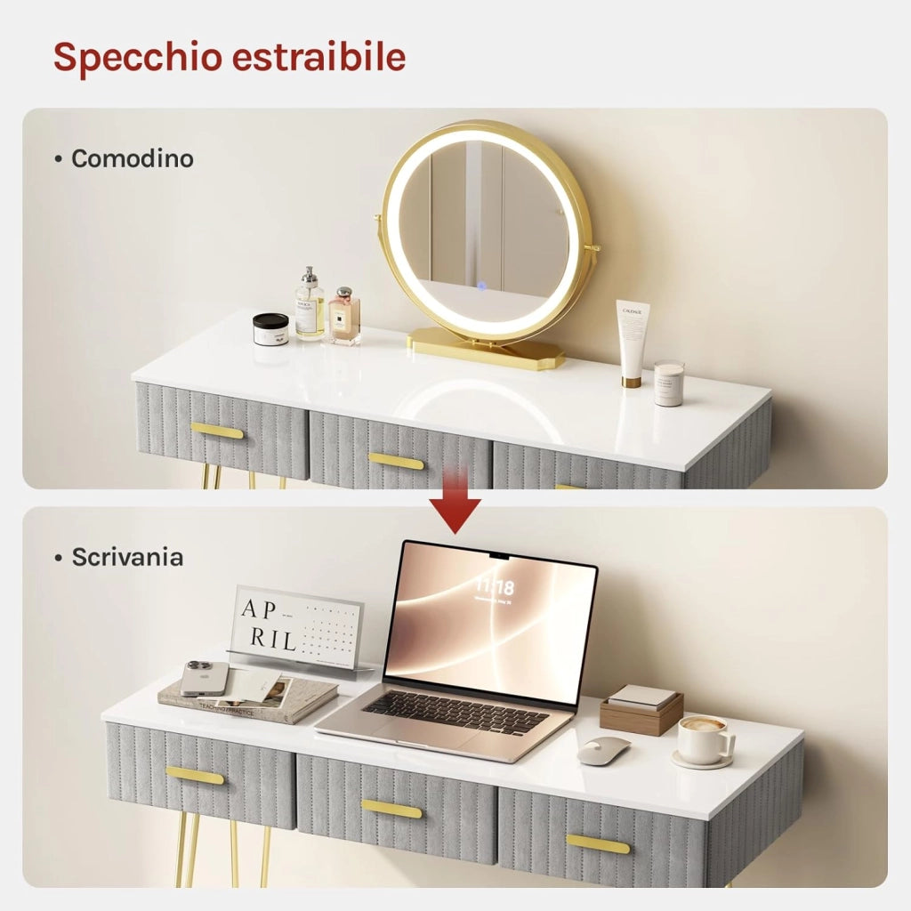 Toeletta Trucco con Luci LED, Luminosità Regolabile, Postazione Tavolo Make Up con Sgabello in Velluto, 3 Cassetti, Facile Montaggio, Moderno, Bianco+Grigio, MB6108gr