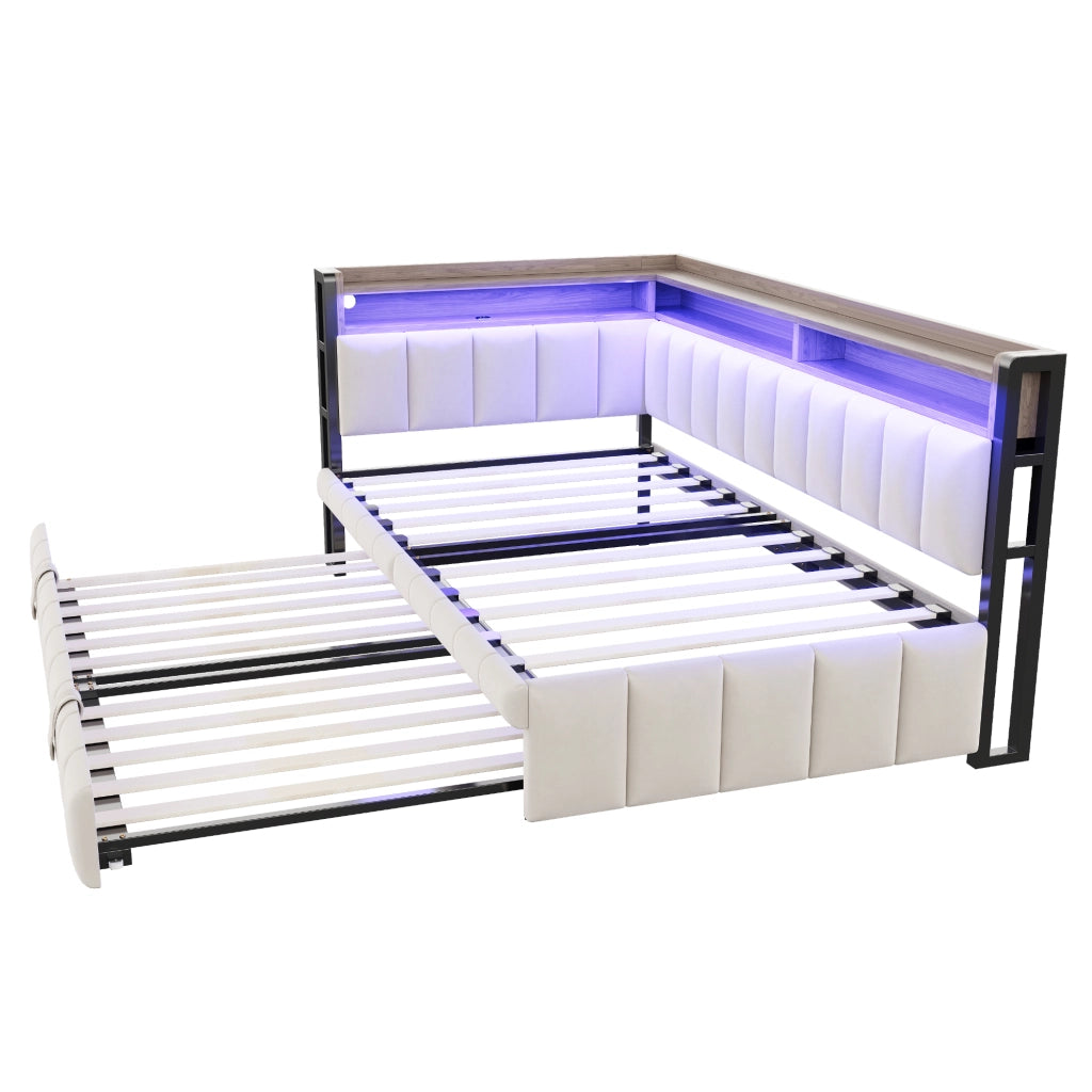 OKWISH Letto a Divano 90×200 cm, Letto Singolo con Letto Estraibile, LED Regolabile, USB, Tipo C e Mensole, senza Materasso, Beige