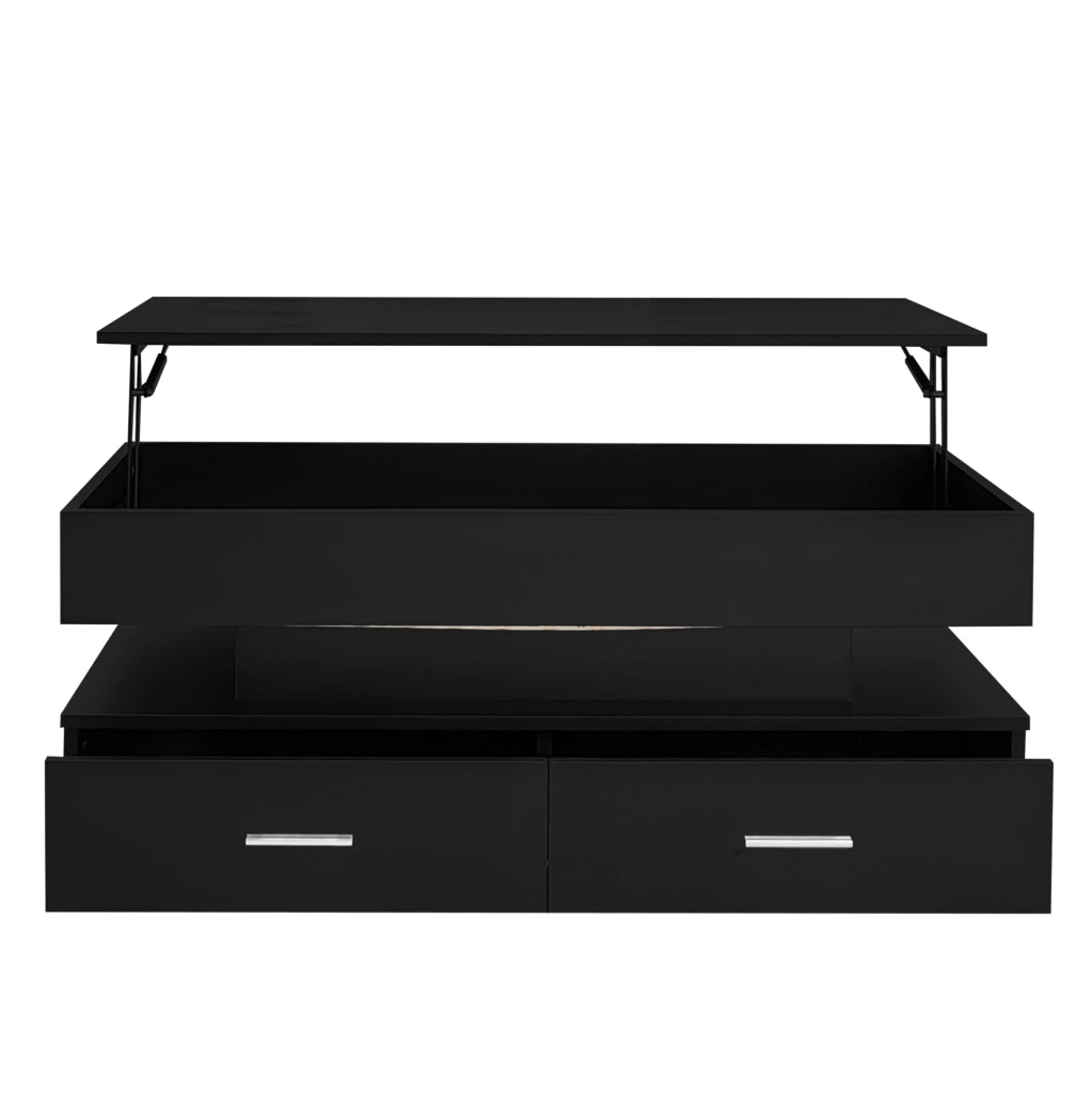 Tavolino da salotto sollevabile 100x50x44 cm in truciolare nero con LED e 2 cassetti
