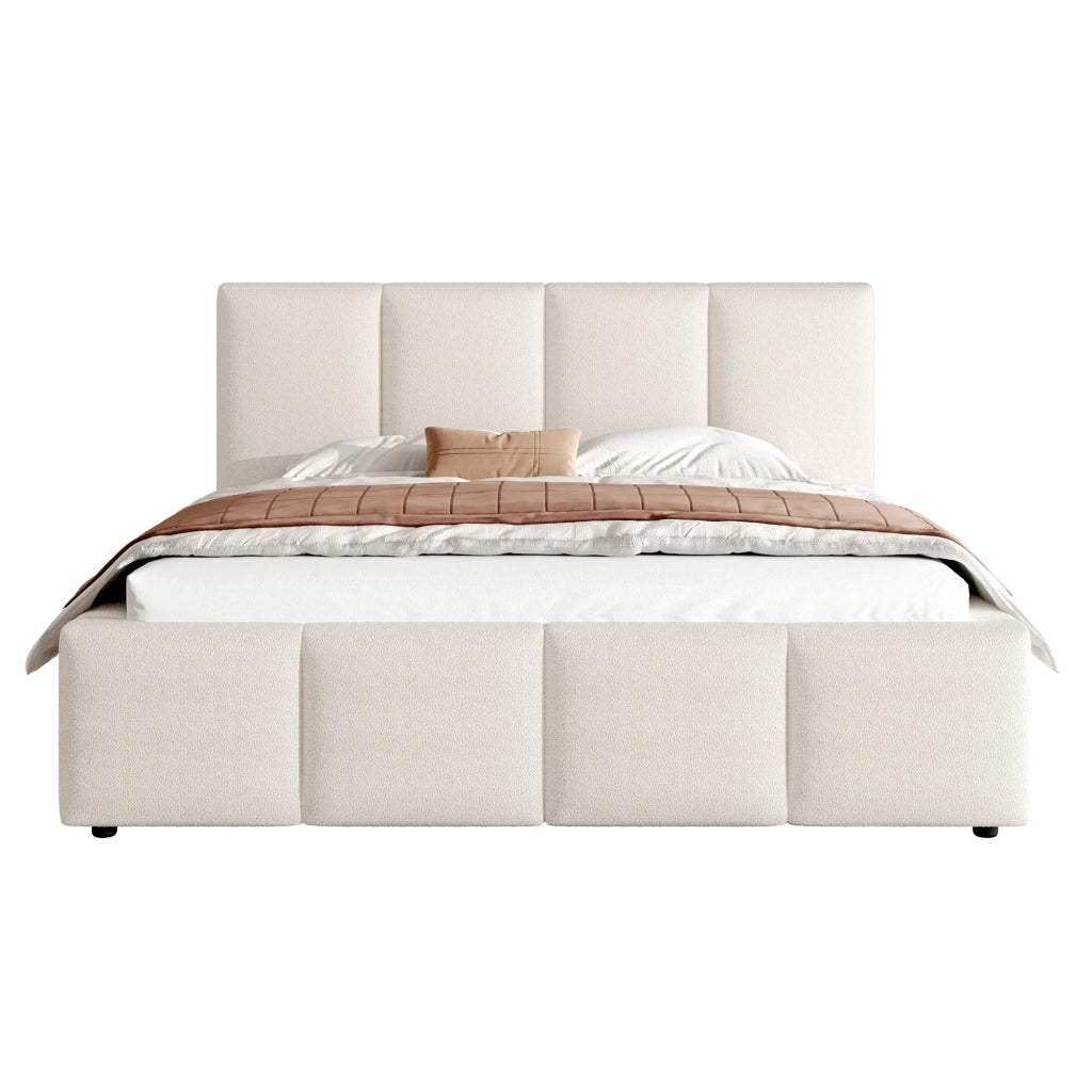 Letto imbottito matrimoniale 180x200 cm con rete a doghe, testiera imbottita in bouclé beige