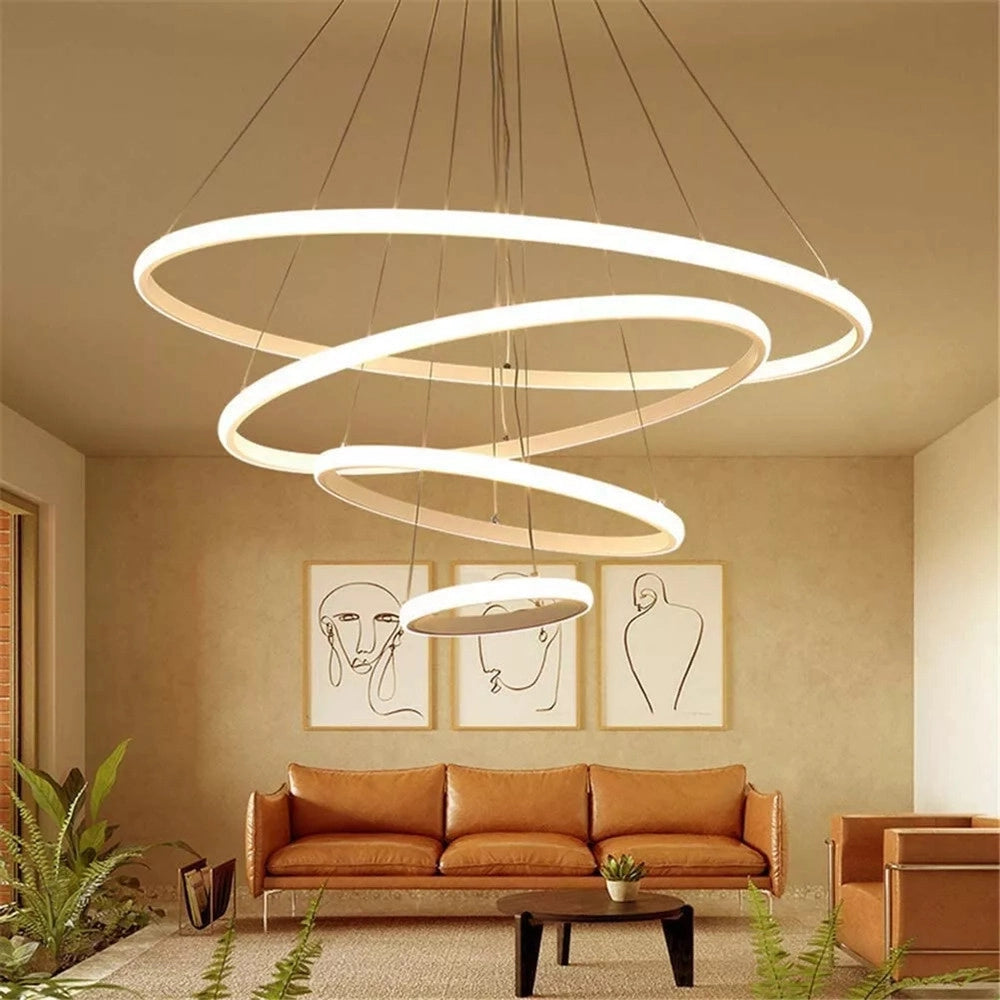 Trade Shop - Lampadario Sospeso Led 120w 4 Cerchi Pendente Rotondo Anelli Bianco Luce 4000k 50279 -