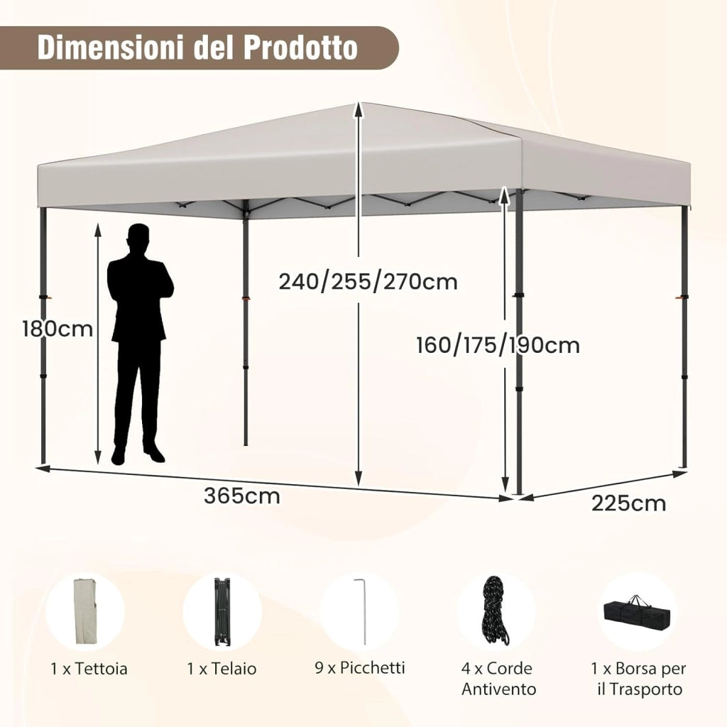 Gazebo Pieghevole Impermeabile, Gazebo Esterno Resistente con Acciaio Regolabile, Borsa Portatile, 9 Picchetti e 4 Corde Antivento, per Giardino, Feste e Barbecue (Beige, 3,65 x 2,25 m)