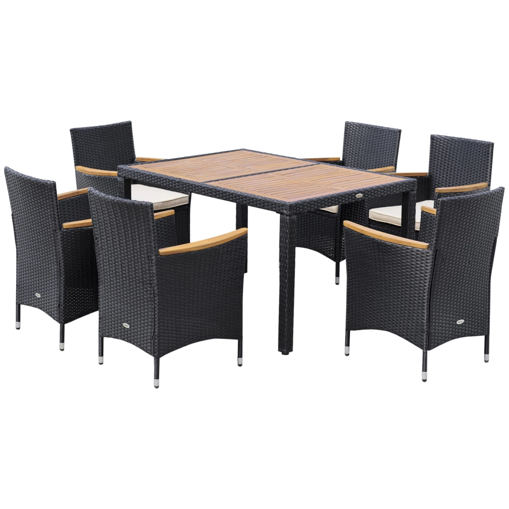 Set da giardino con tavolo da pranzo e 6 sedie ¨C Zephmum ¨C Polyrattan, acacia, nero e beige