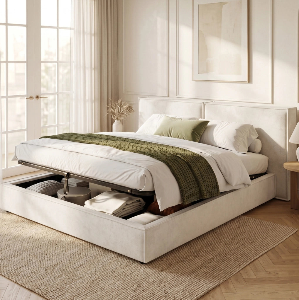 Letto imbottito con vano contenitore idraulico 216x157x97 cm in bouclé beige con rete a doghe
