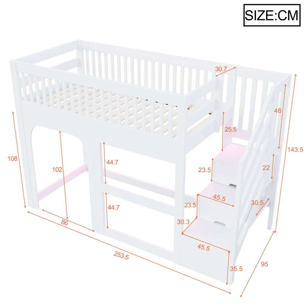 Letto a soppalco a casetta 90x200 cm con porta; finestra; scala contenitore; area gioco; LED e rete; legno bianco