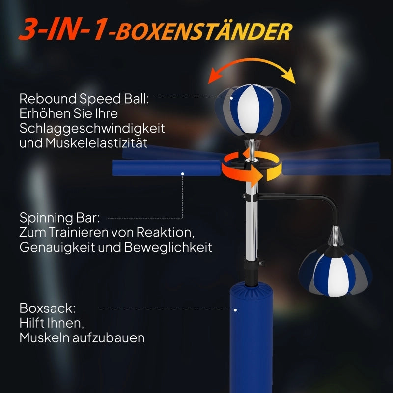 Supporto per boxe, due speedball, barra girevole per boxe, cuscinetti per calci, altezza regolabile, acciaio, 107 x 36 x 140-205 cm, blu