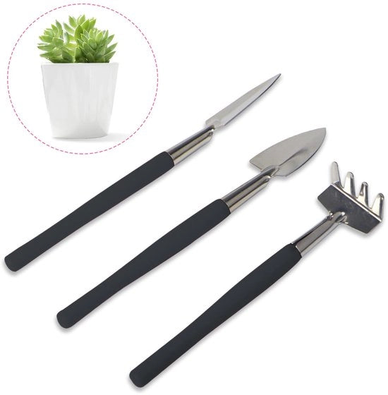 Set di attrezzi per giardinaggio mini 3 pezzi, attrezzi per giardinaggio in acciaio inossidabile, zappa, rastrello, vanga, attrezzi per piante grasse, piante in vaso e fiori (nero)