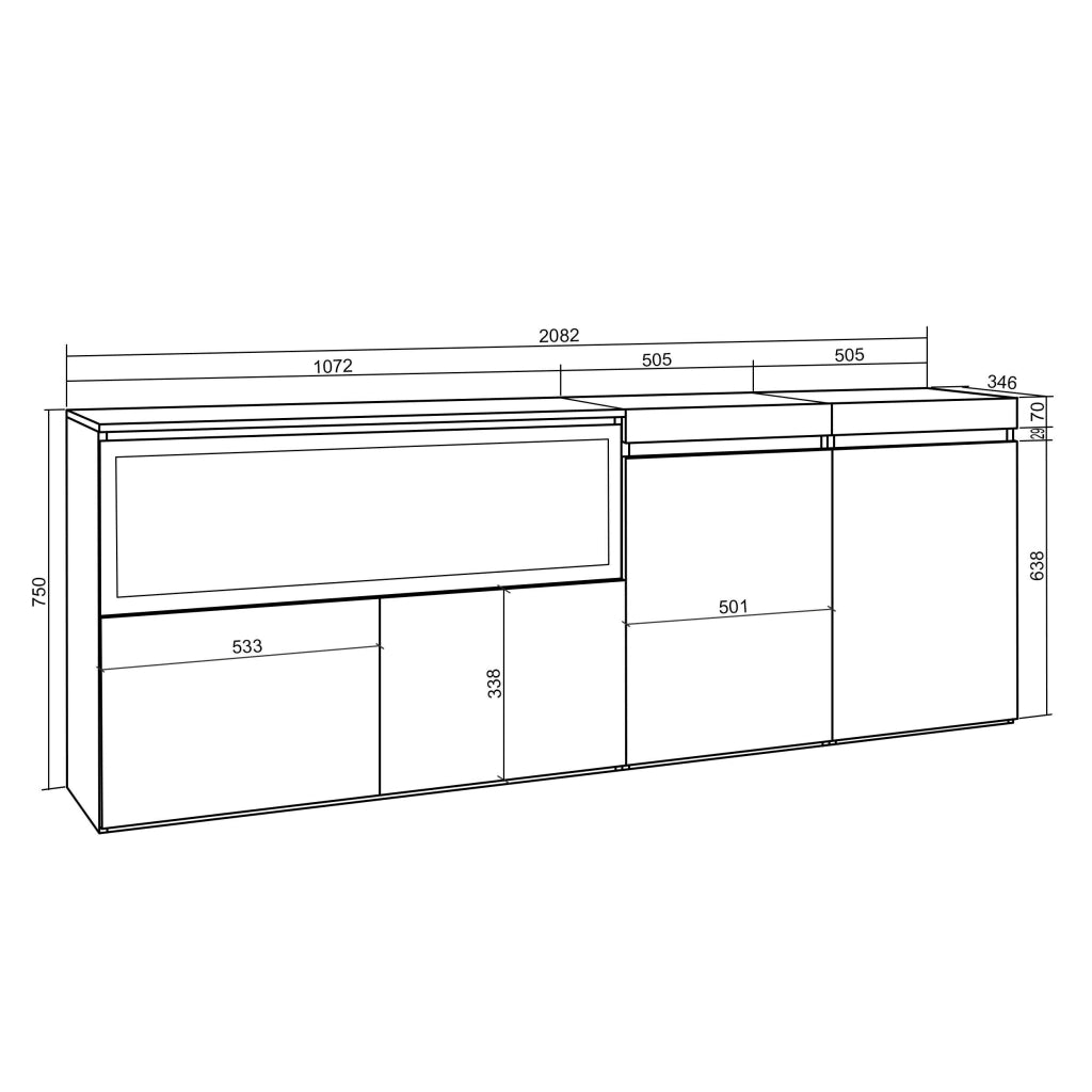 Credenza, Mobile, 208x35x75cm, 4 Porte, Camino elettrico XXL, Nero RF3214