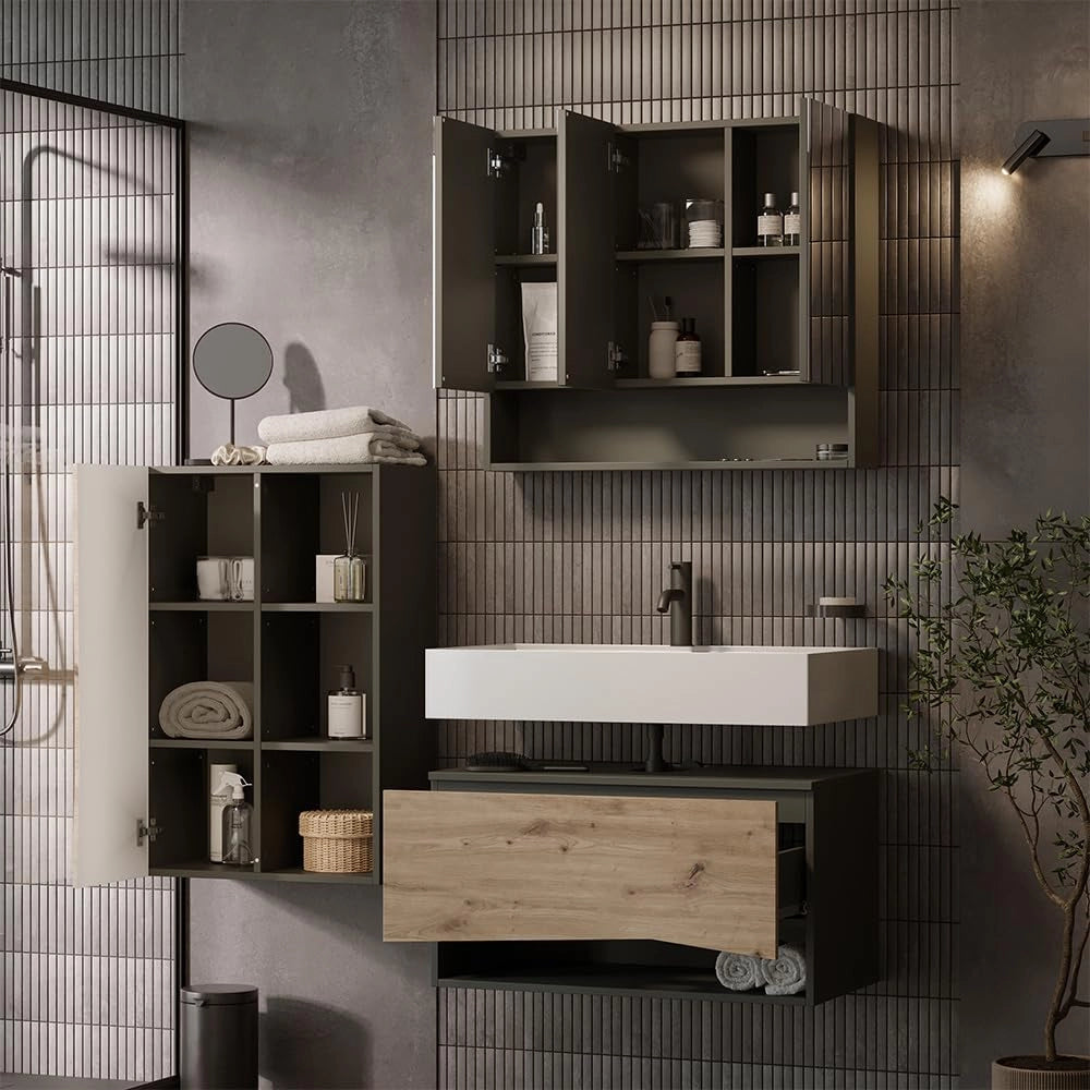 Set di mobili da bagno Willow, Artigiano, 80 cm, composto da mobile sottolavabo, specchiera e mobile medio