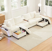 Divano a U 334x128,5 cm in velluto a coste beige con LED, USB/Type-C e 2 pouf