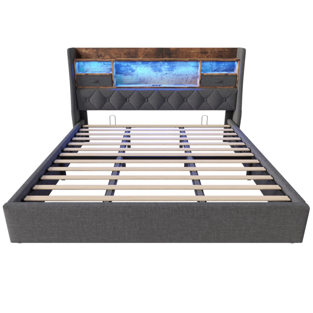Letto matrimoniale imbottito 180x200 cm in lino grigio con contenitore; LED e ricarica USB/Type-C