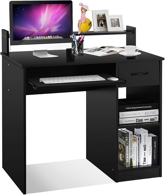 Scrivania da Studio con Cassetti, Tavolo Porta PC per Computer Moderno, con Ripiani, Legno (Nero)