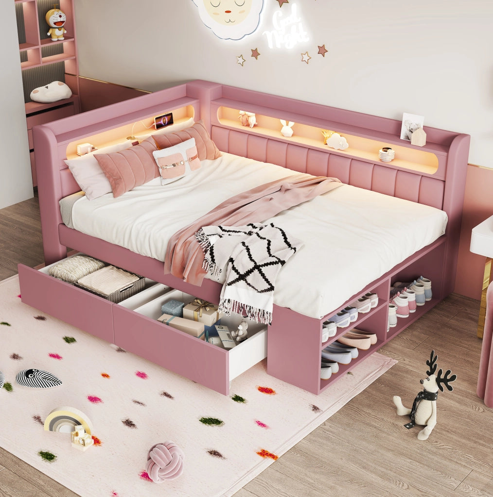Letto imbottito 90x200 cm con USB; luce LED a 7 colori; 2 cassetti e scarpiera; rosa