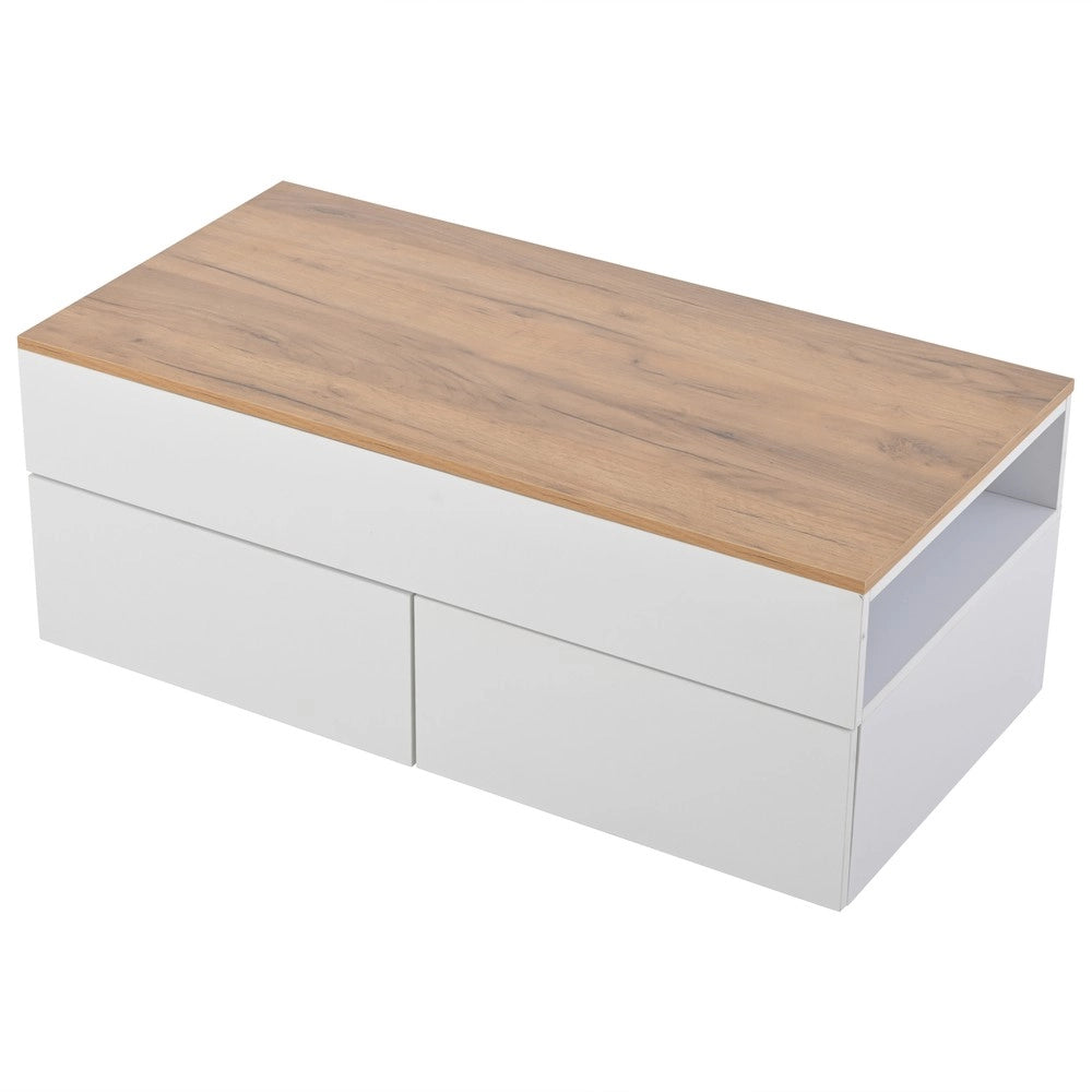 Tavolino da Caff¨¨ con 2 Cassetti e Ripiano ¨C MINIMAL ¨C Bianco/Legno 100x50x40