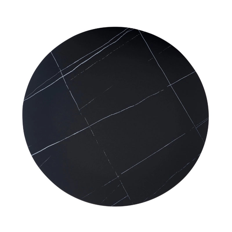 Tavolo rotondo Dot con piano in ceramica effetto marmo nero opaco con particolari oro e gamba nera
