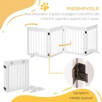 Cancellino per Cani taglia Piccola Pieghevole con Piedini Rimovibili, Cancelletto di Sicurezza in Legno di Pino, 204x30x61 cm, Bianco