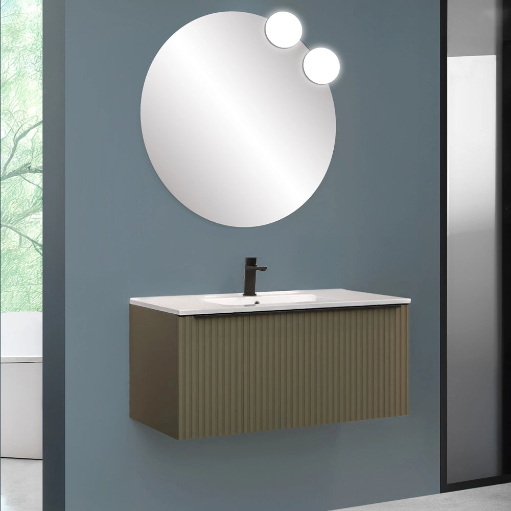 Mobile bagno sospeso 100 cm verde opaco cannettato con cassetto e lavabo Nara