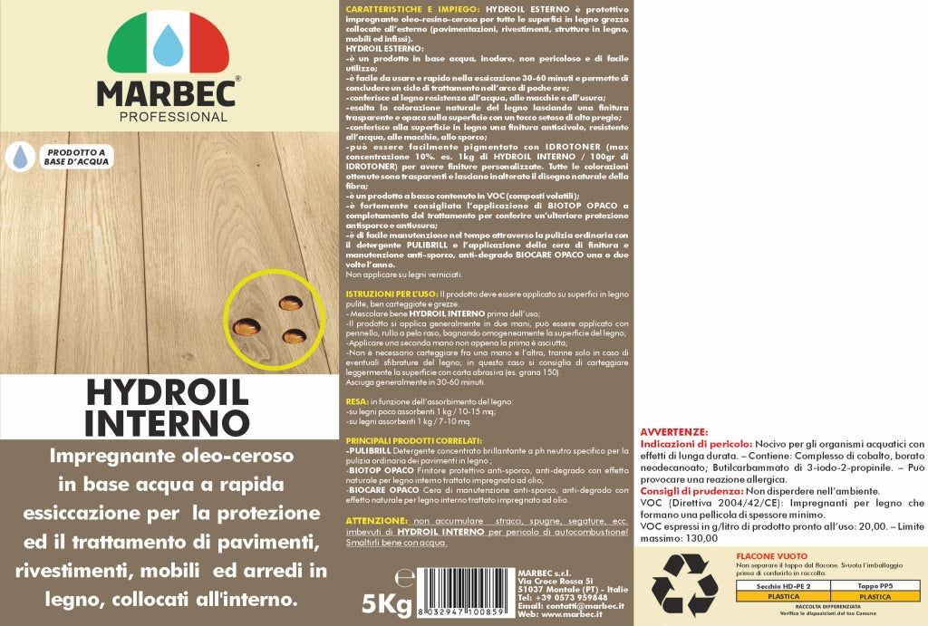 Impregnante per legno HYDROIL INTERNO   5KGx4Pz
