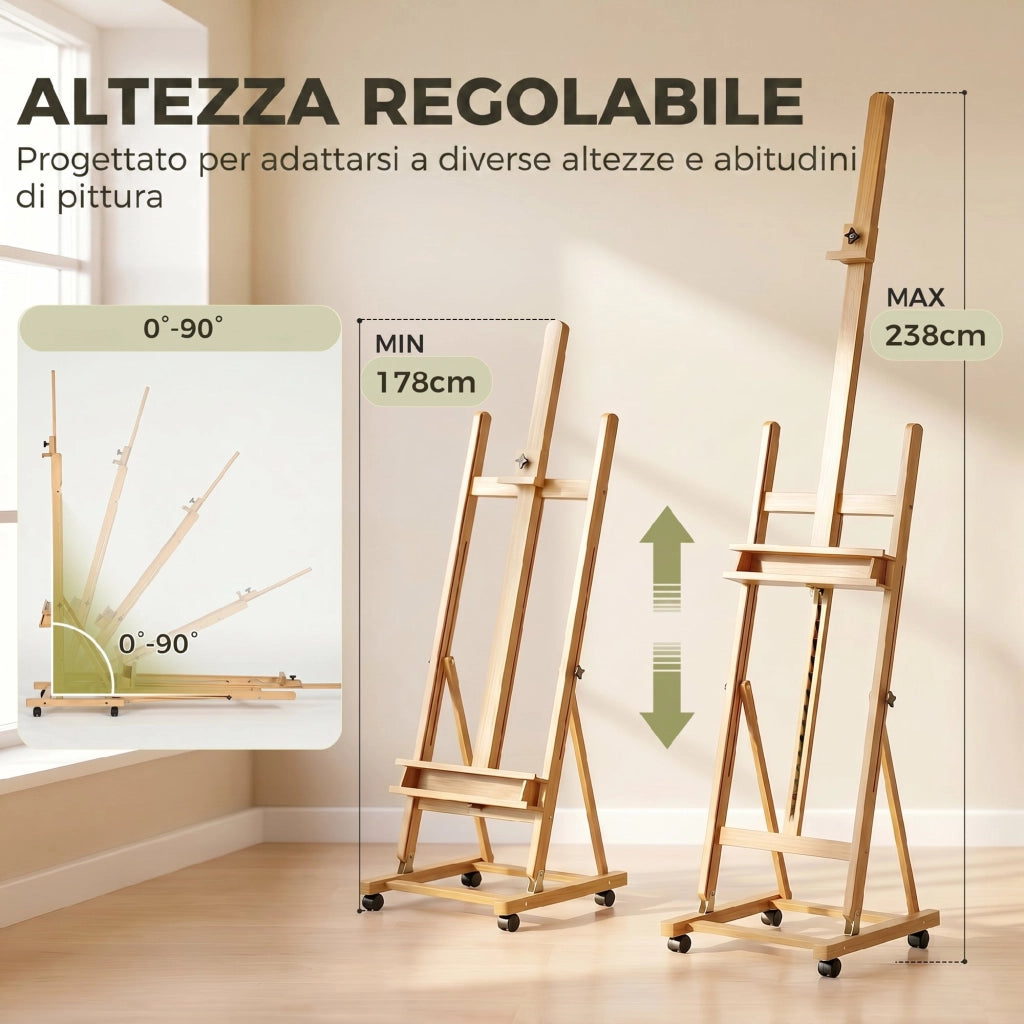 Cavalletto Pittura Pieghevole 50,5x53x178-238 cm con Ruote in Legno di Faggio