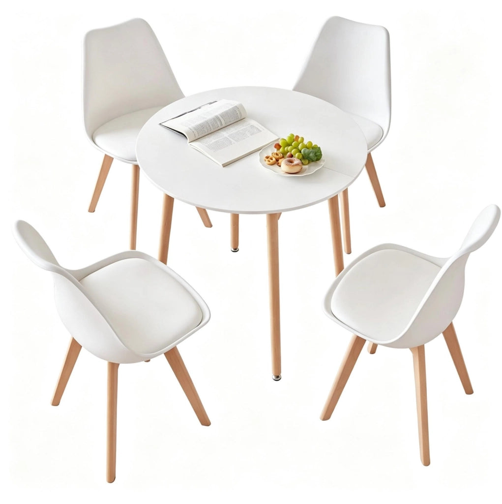 Set tavolo da pranzo rotondo bianco e legno con 4 sedie