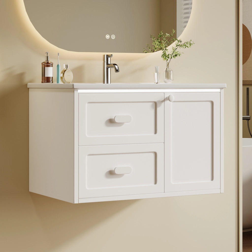 Mobile sottolavabo LED con 2 cassetti e 1 anta; sensore radar; in ceramica e MDF bianco; 76 × 46 × 51 cm